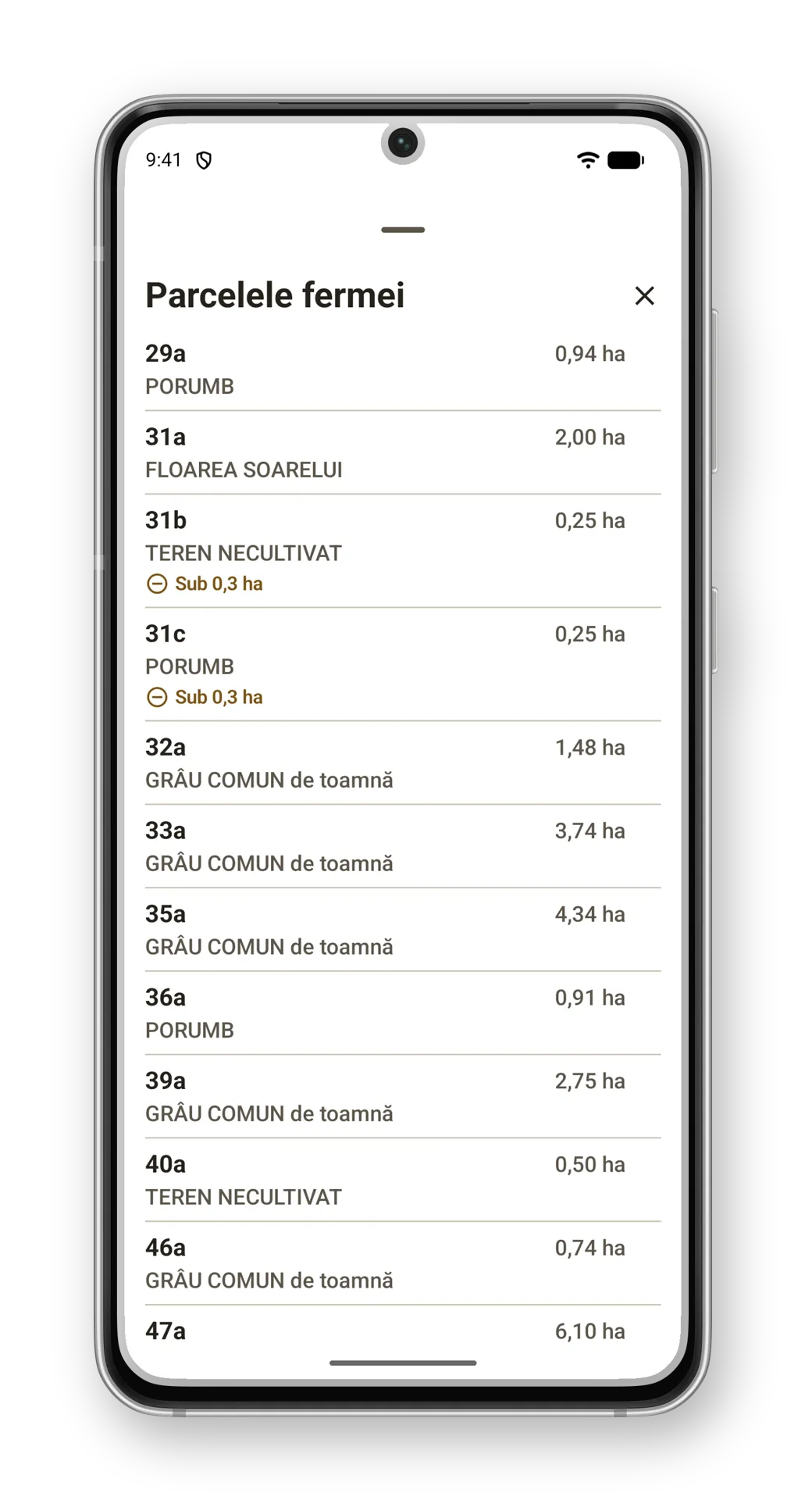 Lista parcelelor fermei pe Android, cu cultura și suprafața fiecăreia