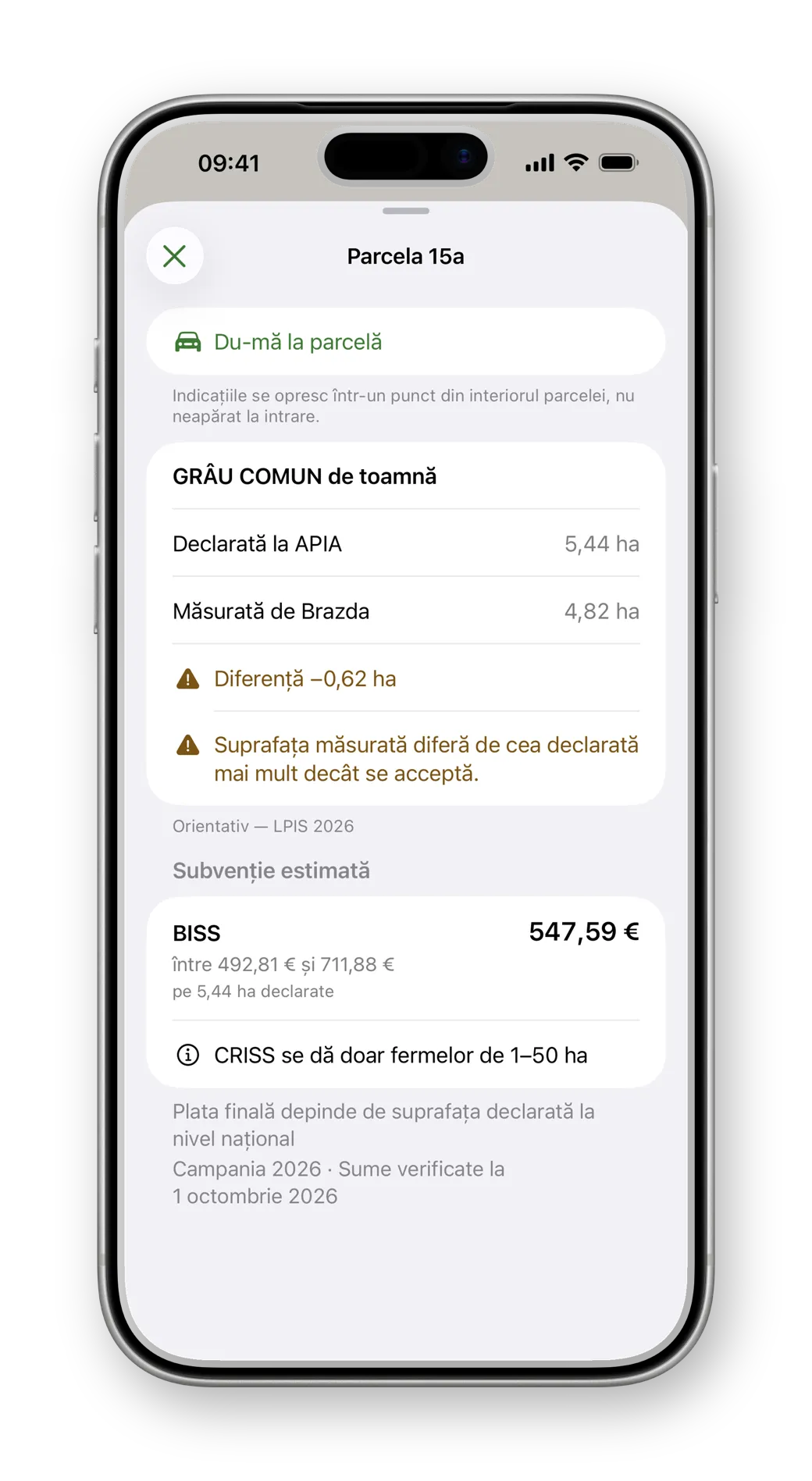 Fișa unei parcele pe iPhone: suprafața declarată la APIA, cea măsurată și diferența semnalată