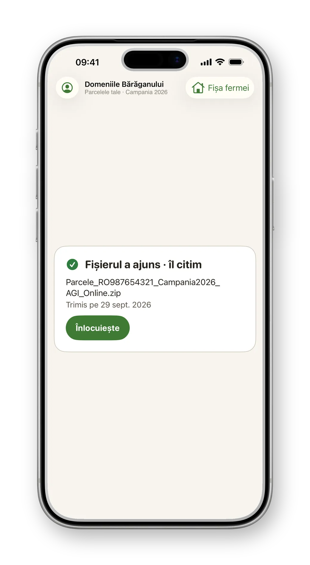 Confirmarea că fișierul de la APIA a fost citit, pe iPhone