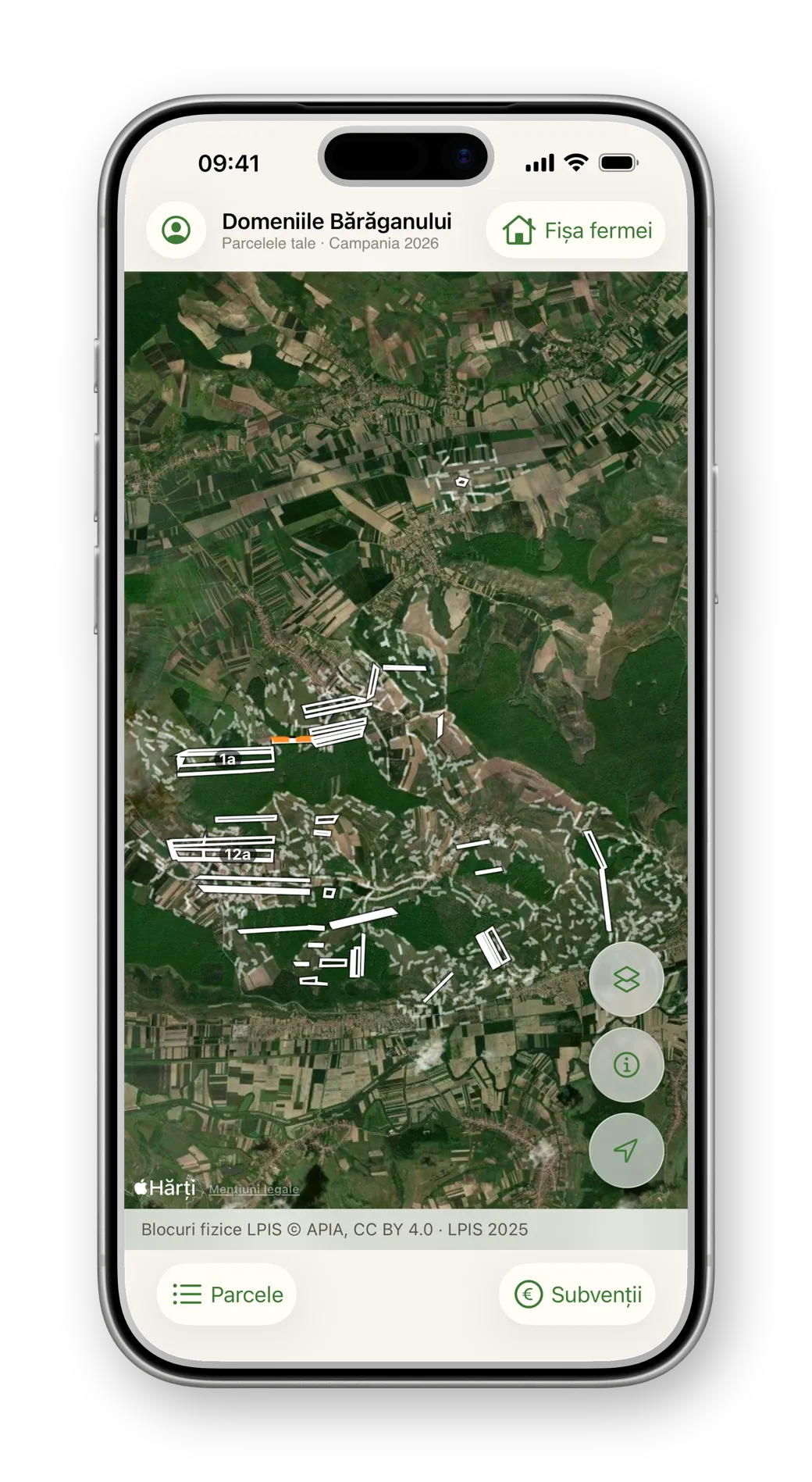 Harta din satelit a fermei pe iPhone, cu parcelele și blocurile fizice LPIS