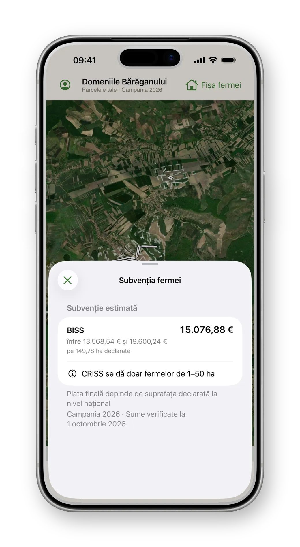 Subvenția estimată pentru toată ferma, afișată ca interval, pe iPhone